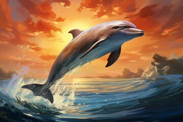 Fototapeta premium A peaceful marine scene dolphins gracefully glide in the tranquil sky and sea