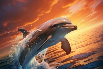 A peaceful marine scene dolphins gracefully glide in the tranquil sky and sea