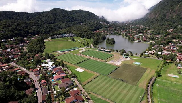Aerial drone orbit of Granja Comary in the high altitude city of Teresopolis, the headquarters and main training center of the Brazil national football team