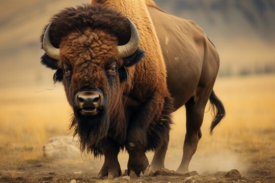 Majestic plains dweller, American bison roams vast landscapes with powerful and imposing stature