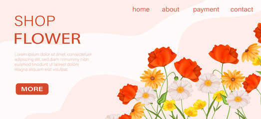 Realistic floral landing page template with beautiful colorful flowers
