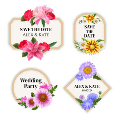 Realistic floral labels collection for wedding with colorful blossom flowers