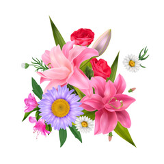 Realistic floral composition with beautiful colorful blossom flowers bouquet