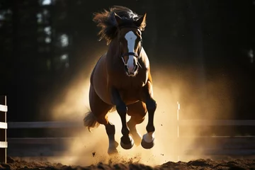 Fotobehang Dynamic display a horse exhibits powerful agility, executing a flawless and soaring jump © Jawed Gfx