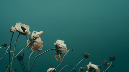 Withered floral background, dark withered and dry flowers on blue green soft background with copy space, nostalgic, melancholy mood - obrazy, fototapety, plakaty