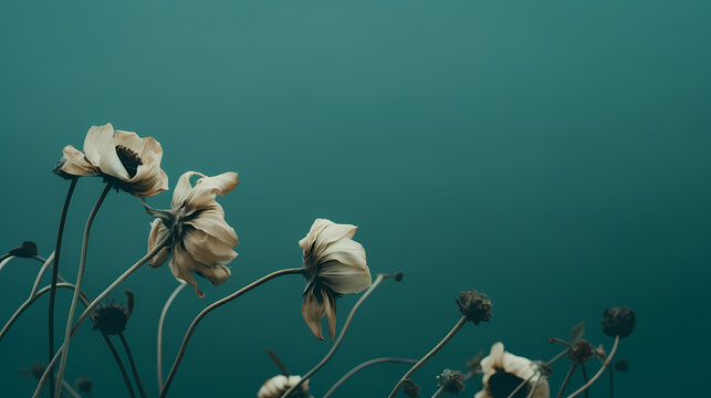 Withered floral background, dark withered and dry flowers on blue green soft background with copy space, nostalgic, melancholy mood