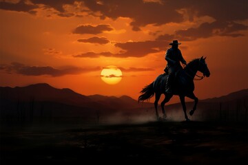Cowboy on horseback a Wrangler rides into the golden hues of the sunset