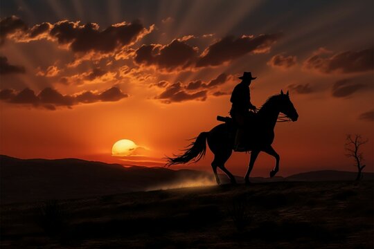 Cowboy silhouette a Wrangler rides a horse into the captivating sunset horizon