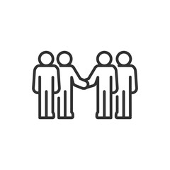 Business meeting, linear icon. A group of people in a meeting and shaking hands. Line with editable stroke