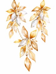 Golden earrings with pearls, watercolor illustration on a white background Generative AI