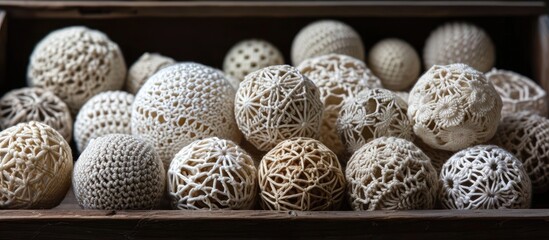 Wooden box contains numerous crochet lace balls.