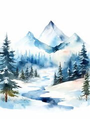 Watercolor winter landscape with mountains, forest and lake. illustration. Generative AI