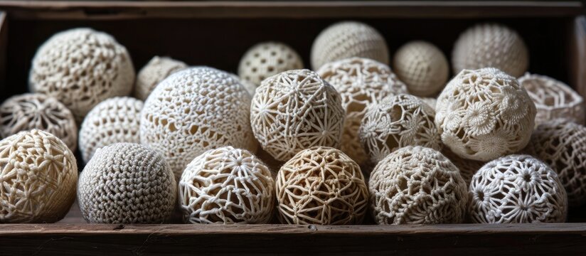 Wooden box contains numerous crochet lace balls. - Powered by Adobe