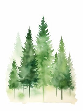 Watercolor pine trees on a white background. Hand-drawn illustration. Generative AI
