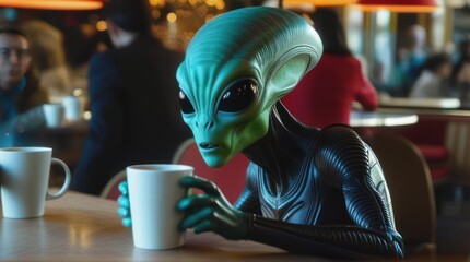 alien drinks tea in a cafe