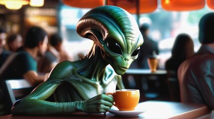 Friendly Extraterrestrial Enjoying Coffee Break in Cozy Cafe