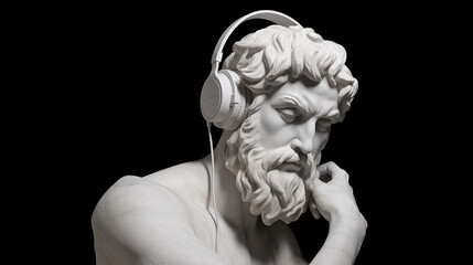 Antique marble sculpture of a male with headphones. Classical statue of a male musician with beard