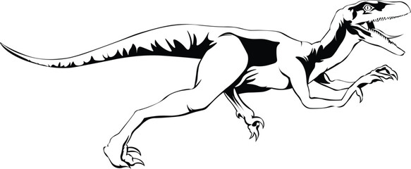 Cartoon Black and White Isolated Illustration Vector Of A Raptor Dinosaur