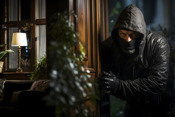 Thief dressed in black entering to steal in a luxurious house with forced lock. Concept of robberies, security, home insecurity and crime. - obrazy, fototapety, plakaty