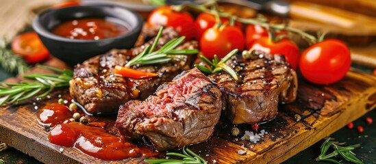 Grilled beef steaks with vegetables and sauce, viewed from the side, on a wooden board.