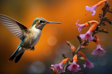 Hummingbirds delicate charm showcased in a portrait with vibrant flowers