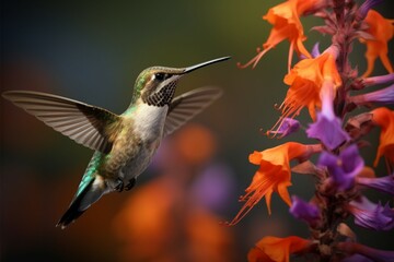 Vibrant elegance a hummingbird captured in a portrait with flowers