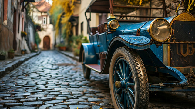 Vintage Blue Carriage:  An antique blue car parked on a cobblestone street, radiating a nostalgic charm amidst the quietude of a Blue Monday