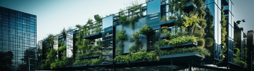 Fototapeta premium Umweltfreundliches Wohnen, Ökologisches und energieeffiziente Immobilie mit begrünten Fassaden, grünes Arbeiten