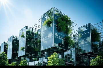 Umweltfreundliches Wohnen, Ökologisches und energieeffiziente Immobilie mit begrünten Fassaden, grünes Arbeiten - obrazy, fototapety, plakaty
