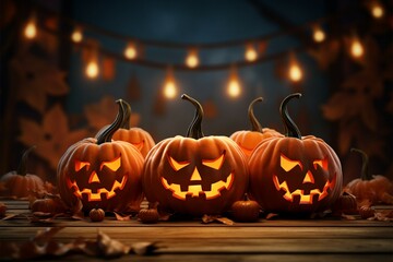 Jack o lantern illustration against a wooden background, festive and spooky