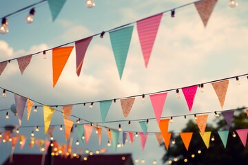 Vibrant festoons Colorful bunting flags and bulbs against the sky