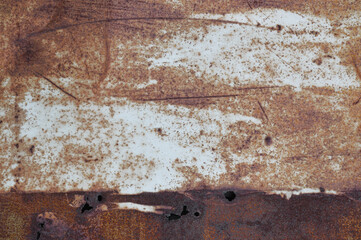 Old light blue grey painted rusty brown rustic iron metal plate background texture, horizontal aged damaged weathered punctured scratched plain paint pattern, grunge rust copy space macro closeup