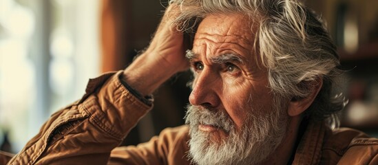 Prematurely aged person inspecting hair for graying. - obrazy, fototapety, plakaty