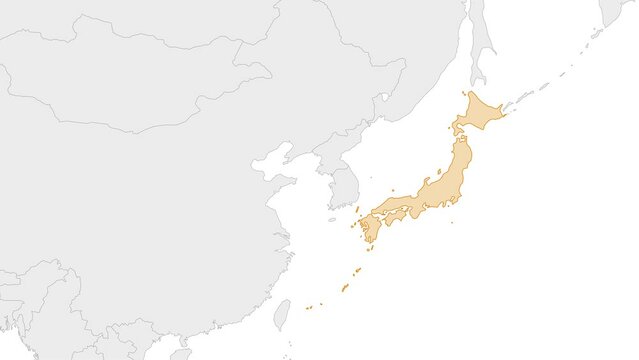 Animation of Japan country map on the world map. Animation of map zoom in with border and marking of major cities and capital of the country Japan. Background with alpha channel. Motion design.