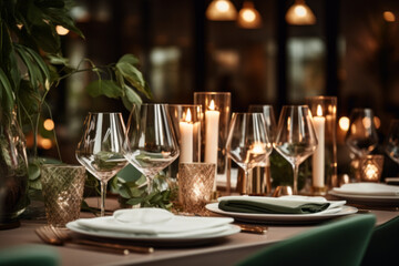 Elegant table setting with beautiful flowers and candles in restaurant