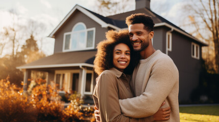 Fototapeta premium A happy couple stands smiling in the driveway of a new house.