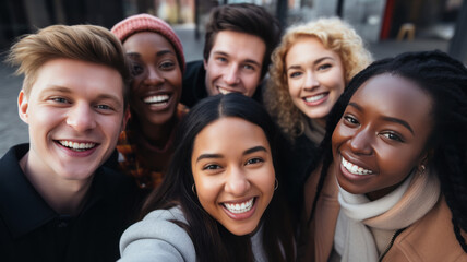 Fototapeta premium Multicultural group of friends taking selfie picture outside