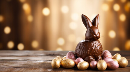Fototapeta na wymiar Chocolate Easter bunny rabbit with colorful eggs, holiday concept