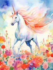 Obraz na płótnie Canvas Captivating Watercolor Magical Unicorn Floral with the Graceful Unicorn AI Generated