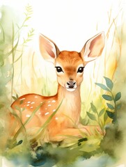 Cute Deer Lying in Grass with Watercolor Painting AI Generated
