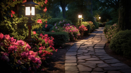 Obraz premium Solar-powered outdoor lighting illuminating a garden pathway, lush garden with flowers and plants. Solar-powered lighting. Integration of solar technology.
