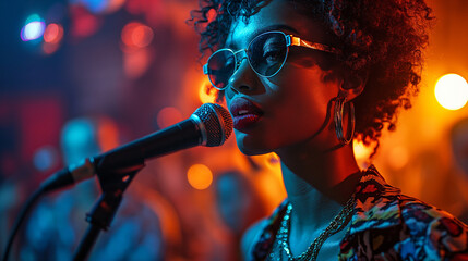 Black female singer on stage, colorful concert lights in background. - obrazy, fototapety, plakaty