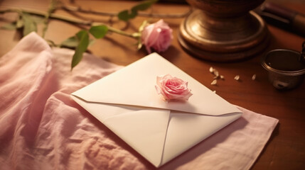 Vintage open white envelope with a heart on the table. Romantic details, declaration of love, love note