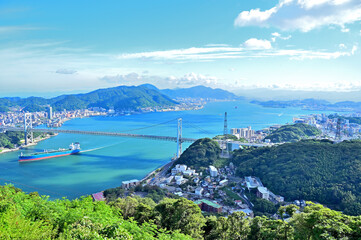 Superb view of the Kanmon straits and Kanmon bridge from Hinoyama park in Shimonoseki city,...