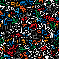 crazy city graffiti seamless pattern , flat line signs multicolored vector background for kids






