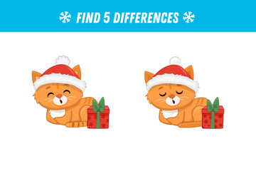 Find 5 differences between two pictures of cute red cat. Cute ginger kitten. Christmas game.  Activity page. Xmas. Vector