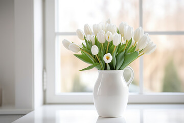 Vase with beautiful tulip flowers on table near window