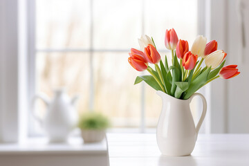 red tulips in a vase in front of a kitchen window - obrazy, fototapety, plakaty