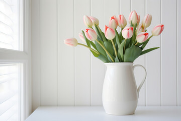 pink tulips in white ceramic vase on wooden table - obrazy, fototapety, plakaty