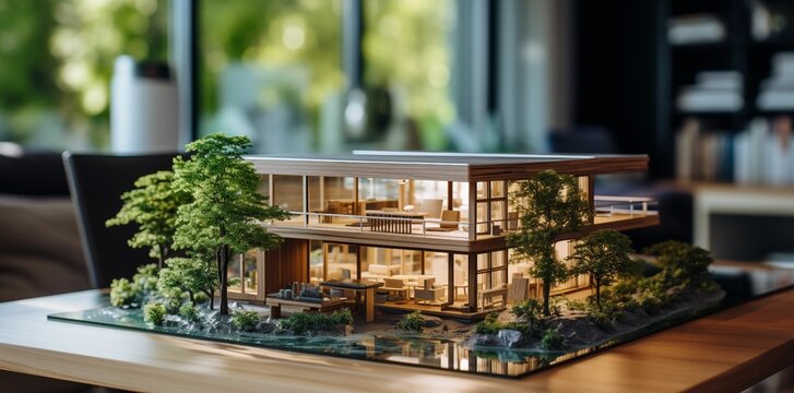 Maßstabsgetreues Modell eines modernen umweltfreundlichen Gebäude im Architekturbüro. nachhaltiges und energieeffizientes Bauen